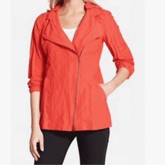 EILEEN FISHER ~ Orange Rumpled Metallic Jacket with Removable Hood Asymmetric - Picture 3 of 13